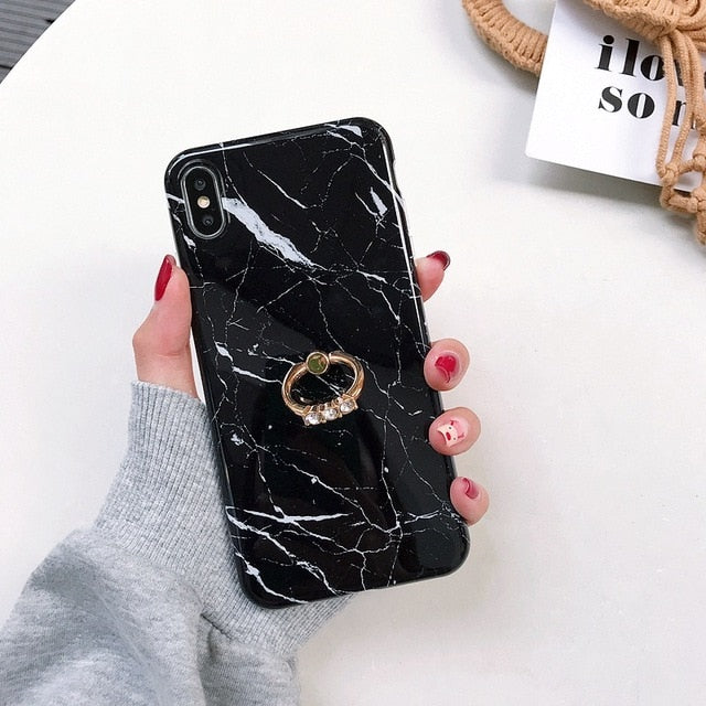 Axbety Case For iPhone XR X 7 Plus 8 XS MAX Case Luxury Gold Glitter Marble Cover For iPhone 6S 6 Plus Diamond Ring Phone Case