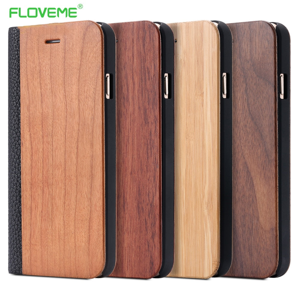 FLOVEME Case For iPhone 11 6 6S 7 X Plus XS Max XR XS Bamboo Natural Wood Case For iPhone 6 6S Plus 7 8 Plus Flip Leather Wallet
