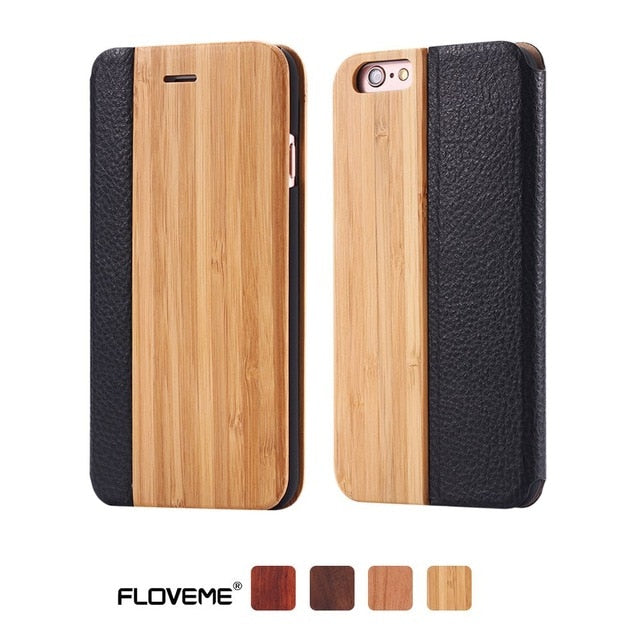 FLOVEME Case For iPhone 11 6 6S 7 X Plus XS Max XR XS Bamboo Natural Wood Case For iPhone 6 6S Plus 7 8 Plus Flip Leather Wallet