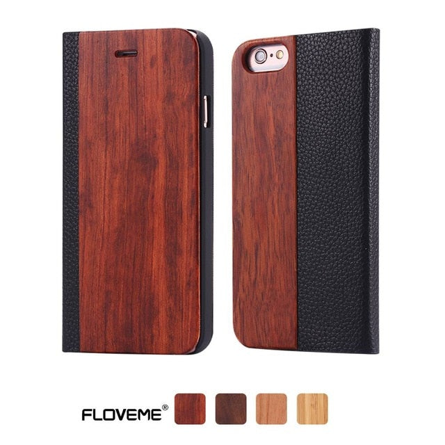 FLOVEME Case For iPhone 11 6 6S 7 X Plus XS Max XR XS Bamboo Natural Wood Case For iPhone 6 6S Plus 7 8 Plus Flip Leather Wallet