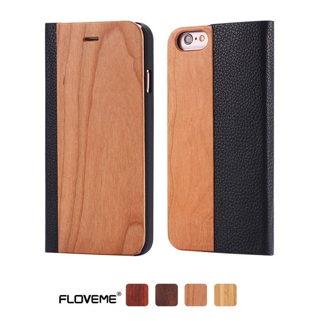 FLOVEME Case For iPhone 11 6 6S 7 X Plus XS Max XR XS Bamboo Natural Wood Case For iPhone 6 6S Plus 7 8 Plus Flip Leather Wallet