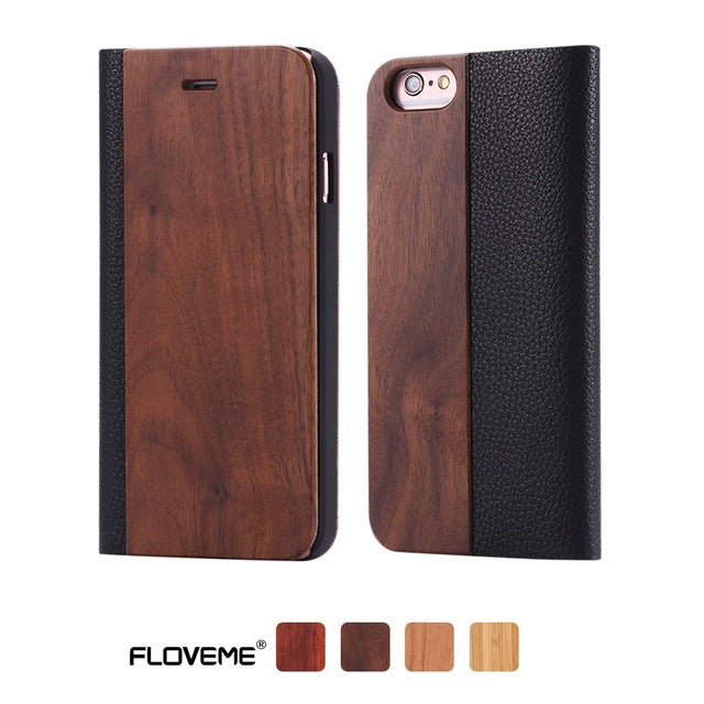 FLOVEME Case For iPhone 11 6 6S 7 X Plus XS Max XR XS Bamboo Natural Wood Case For iPhone 6 6S Plus 7 8 Plus Flip Leather Wallet