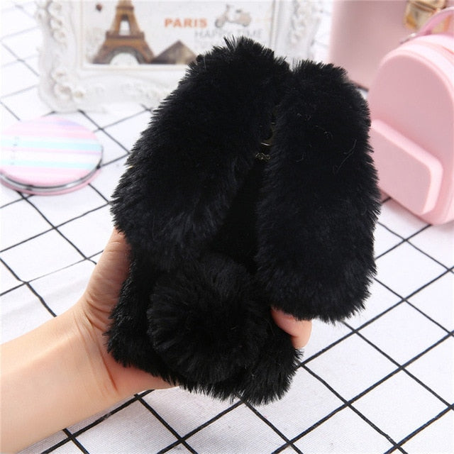 Fluffy Plush Warm Phone Cases For iPhone 11 X XR XS Max 7 8Plus SE 5 5s Case Fur Rabbit Diamond Cover Soft TPU  For iPhone 11Pro