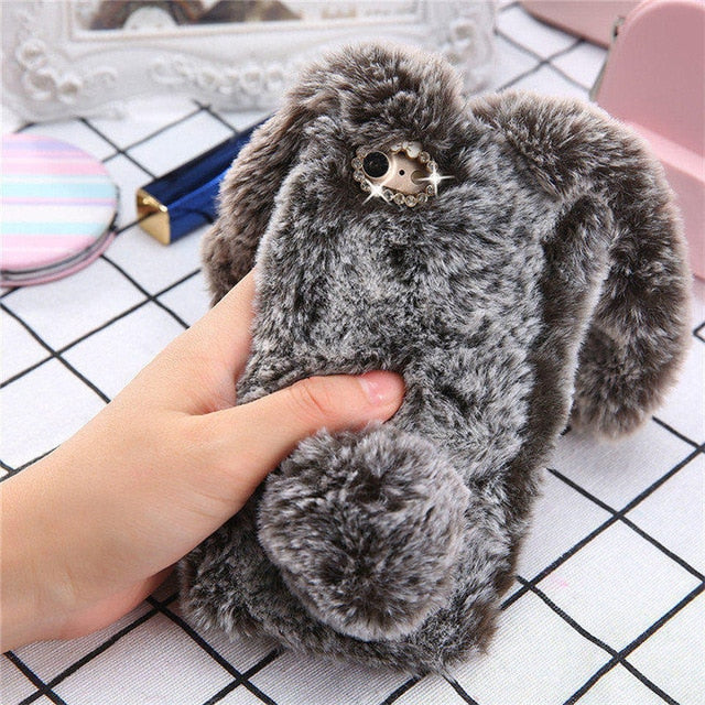Fluffy Plush Warm Phone Cases For iPhone 11 X XR XS Max 7 8Plus SE 5 5s Case Fur Rabbit Diamond Cover Soft TPU  For iPhone 11Pro