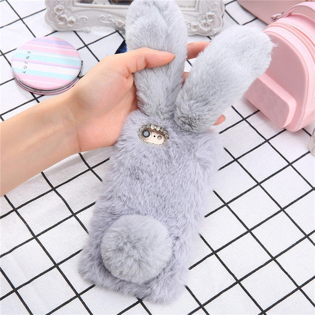 Fluffy Plush Warm Phone Cases For iPhone 11 X XR XS Max 7 8Plus SE 5 5s Case Fur Rabbit Diamond Cover Soft TPU  For iPhone 11Pro
