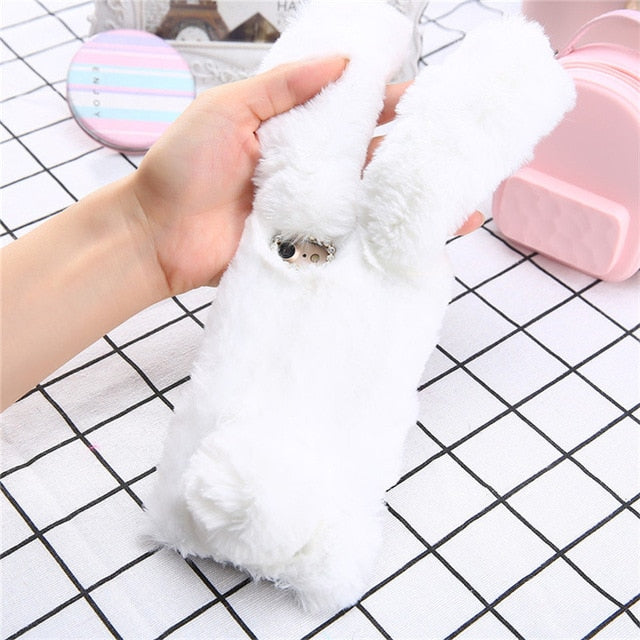 Fluffy Plush Warm Phone Cases For iPhone 11 X XR XS Max 7 8Plus SE 5 5s Case Fur Rabbit Diamond Cover Soft TPU  For iPhone 11Pro