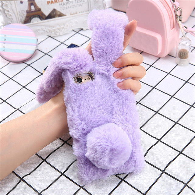 Fluffy Plush Warm Phone Cases For iPhone 11 X XR XS Max 7 8Plus SE 5 5s Case Fur Rabbit Diamond Cover Soft TPU  For iPhone 11Pro