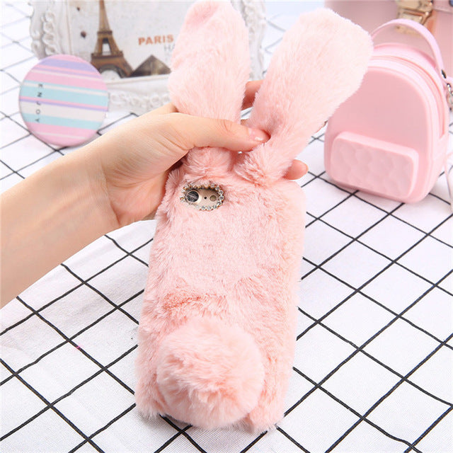 Fluffy Plush Warm Phone Cases For iPhone 11 X XR XS Max 7 8Plus SE 5 5s Case Fur Rabbit Diamond Cover Soft TPU  For iPhone 11Pro