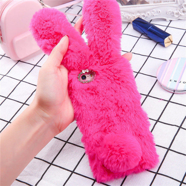 Fluffy Plush Warm Phone Cases For iPhone 11 X XR XS Max 7 8Plus SE 5 5s Case Fur Rabbit Diamond Cover Soft TPU  For iPhone 11Pro