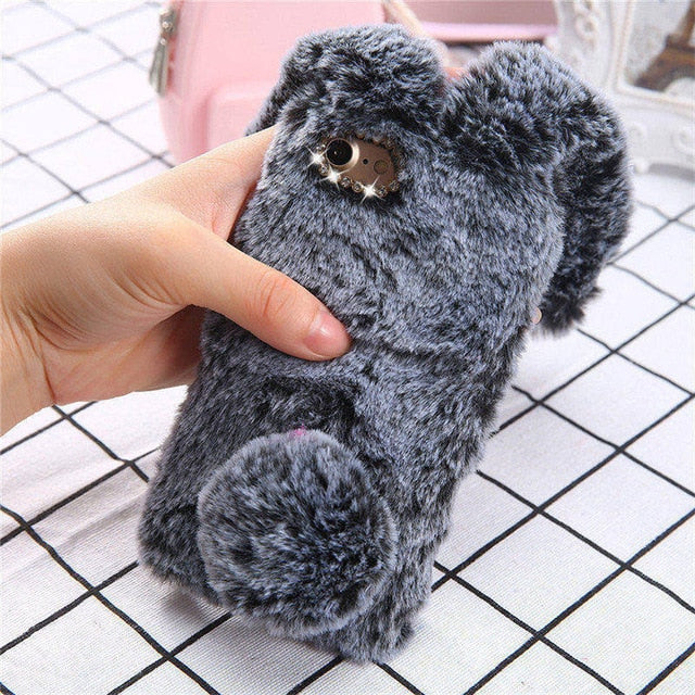 Fluffy Plush Warm Phone Cases For iPhone 11 X XR XS Max 7 8Plus SE 5 5s Case Fur Rabbit Diamond Cover Soft TPU  For iPhone 11Pro