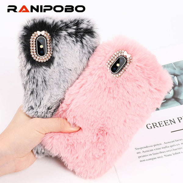 Cute Warm Rabbit Fur Plush diamond Phone Case For iPhone 11 X 6 6S 7 7Plus 8 Plus Lovely Cute Furry Soft TPU hair Back Cover