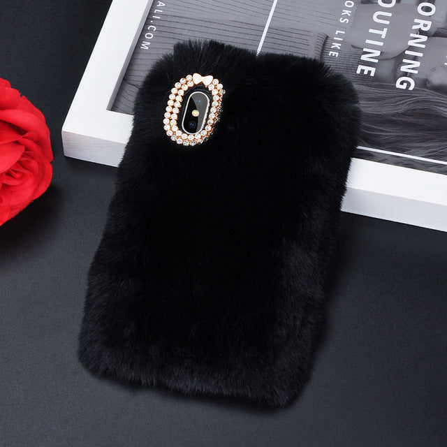 Cute Warm Rabbit Fur Plush diamond Phone Case For iPhone 11 X 6 6S 7 7Plus 8 Plus Lovely Cute Furry Soft TPU hair Back Cover
