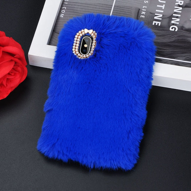 Cute Warm Rabbit Fur Plush diamond Phone Case For iPhone 11 X 6 6S 7 7Plus 8 Plus Lovely Cute Furry Soft TPU hair Back Cover