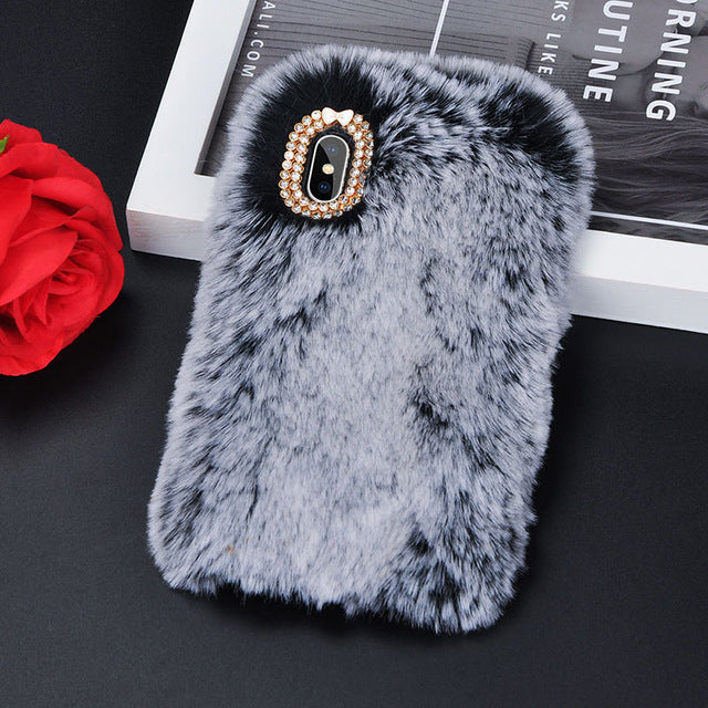 Cute Warm Rabbit Fur Plush diamond Phone Case For iPhone 11 X 6 6S 7 7Plus 8 Plus Lovely Cute Furry Soft TPU hair Back Cover