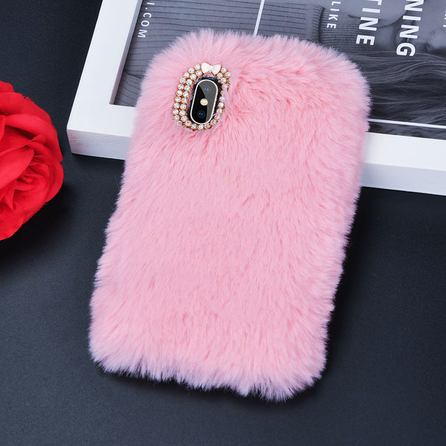 Cute Warm Rabbit Fur Plush diamond Phone Case For iPhone 11 X 6 6S 7 7Plus 8 Plus Lovely Cute Furry Soft TPU hair Back Cover