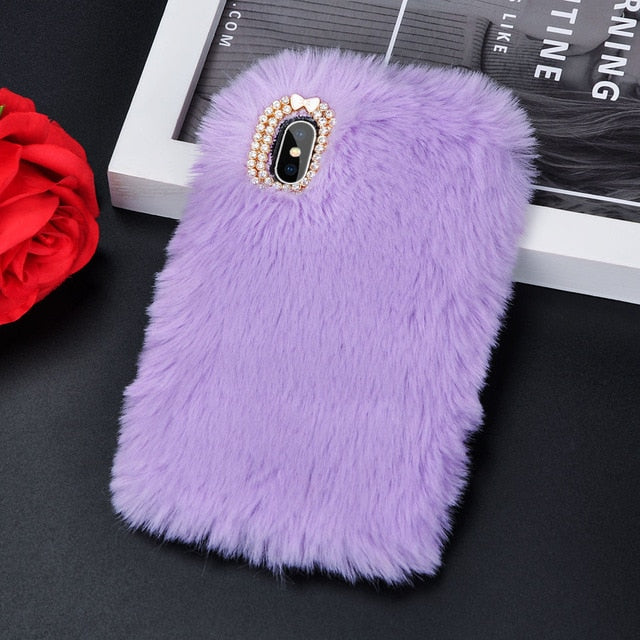 Cute Warm Rabbit Fur Plush diamond Phone Case For iPhone 11 X 6 6S 7 7Plus 8 Plus Lovely Cute Furry Soft TPU hair Back Cover