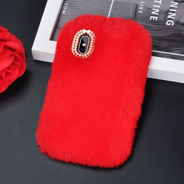 Cute Warm Rabbit Fur Plush diamond Phone Case For iPhone 11 X 6 6S 7 7Plus 8 Plus Lovely Cute Furry Soft TPU hair Back Cover
