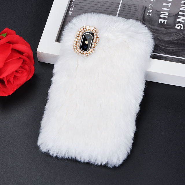 Cute Warm Rabbit Fur Plush diamond Phone Case For iPhone 11 X 6 6S 7 7Plus 8 Plus Lovely Cute Furry Soft TPU hair Back Cover