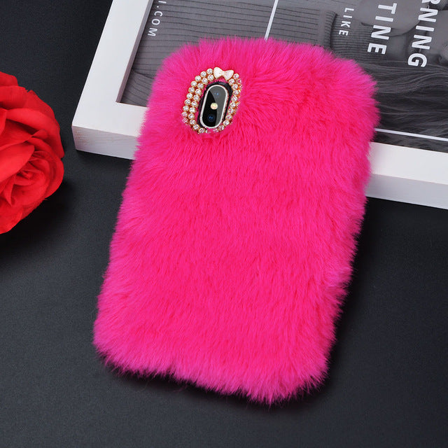 Cute Warm Rabbit Fur Plush diamond Phone Case For iPhone 11 X 6 6S 7 7Plus 8 Plus Lovely Cute Furry Soft TPU hair Back Cover