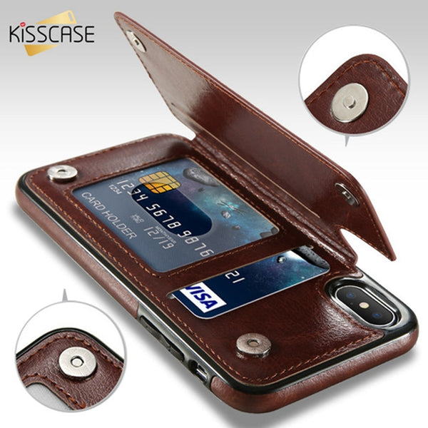 KISSCASE Retro PU Leather Case For iPhone X 6 6s 7 8 Plus XS 5S Multi Card Holder Phone Cases For iPhone XS XR 11 Pro Max Cover
