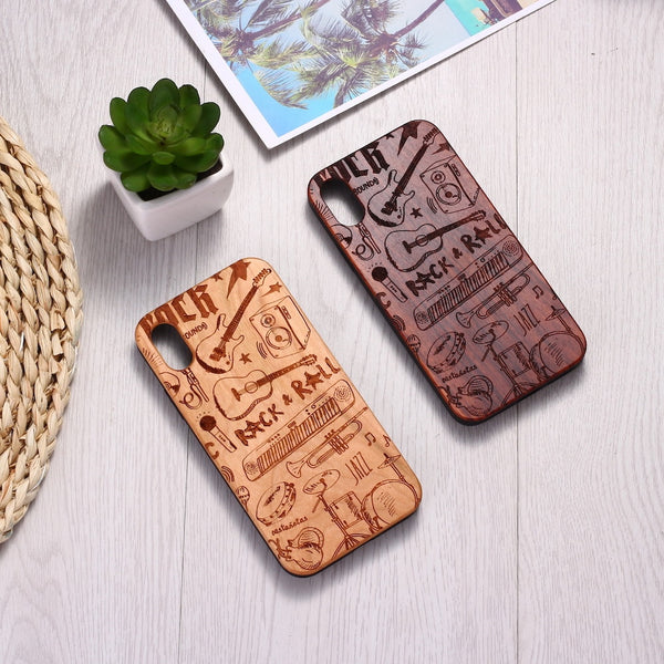 Real Bamboo Engraved Music Rock Guitar Wood Phone Case For iPhone 7 6 Plus 8 8Plus XR X XS Max 11 Pro Max Case Coque Phone Funda