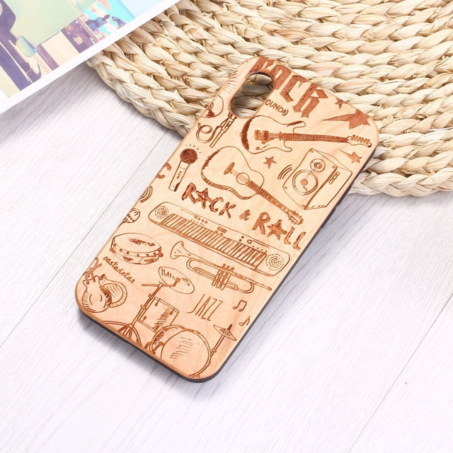 Real Bamboo Engraved Music Rock Guitar Wood Phone Case For iPhone 7 6 Plus 8 8Plus XR X XS Max 11 Pro Max Case Coque Phone Funda