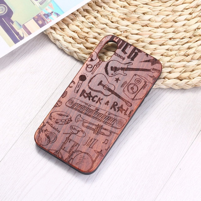 Real Bamboo Engraved Music Rock Guitar Wood Phone Case For iPhone 7 6 Plus 8 8Plus XR X XS Max 11 Pro Max Case Coque Phone Funda