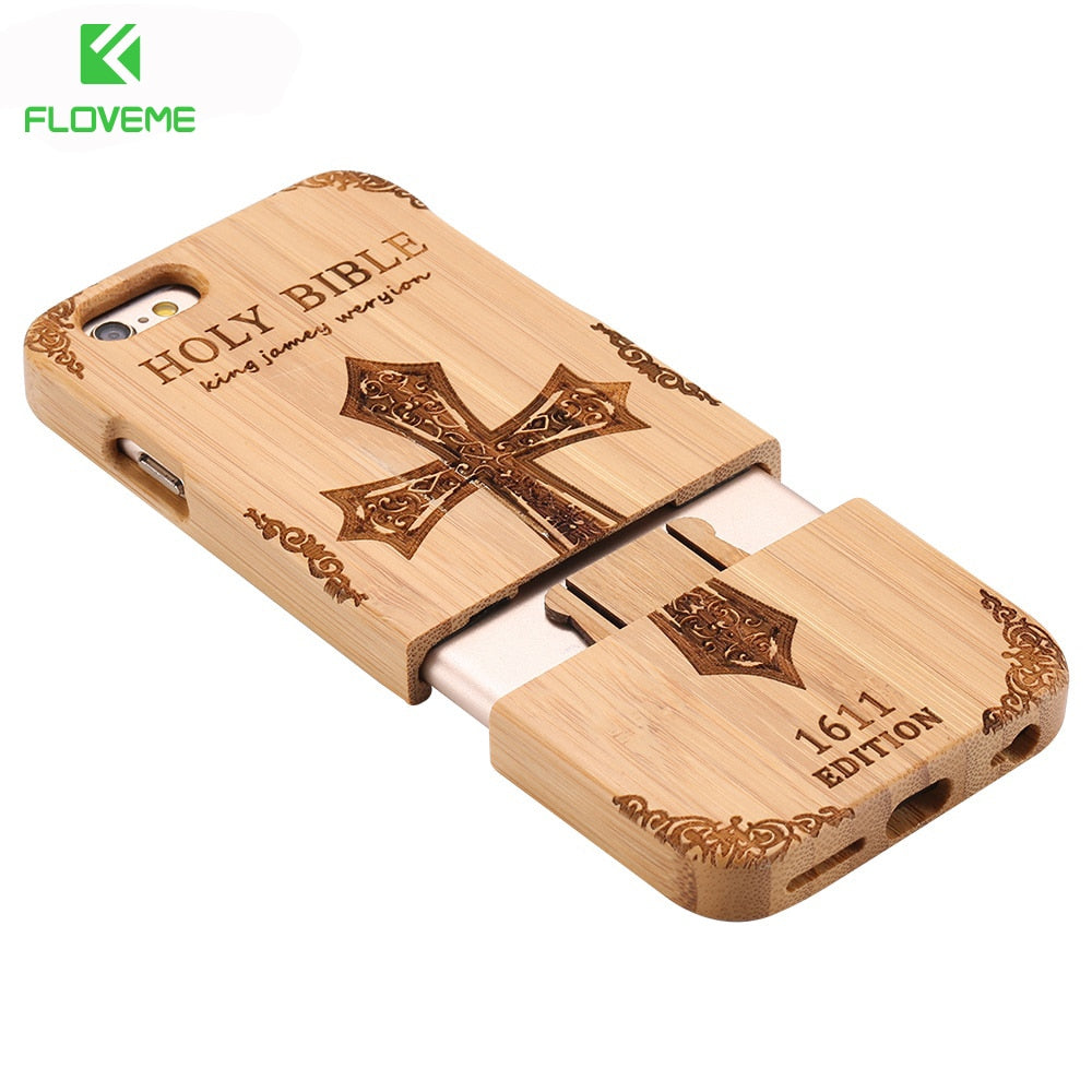 FLOVEME Wooden Case For iPhone 6 6S Plus 5S 5 SE 3D Wood Bamboo Wolf Cross Cover For Samsung Galaxy S6 S7 Edge Phone Cases Bags