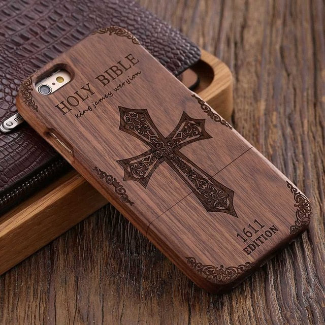 FLOVEME Wooden Case For iPhone 6 6S Plus 5S 5 SE 3D Wood Bamboo Wolf Cross Cover For Samsung Galaxy S6 S7 Edge Phone Cases Bags
