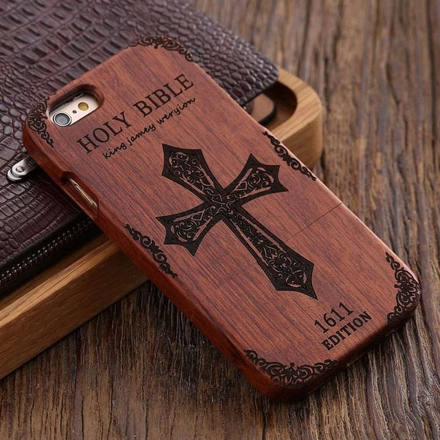 FLOVEME Wooden Case For iPhone 6 6S Plus 5S 5 SE 3D Wood Bamboo Wolf Cross Cover For Samsung Galaxy S6 S7 Edge Phone Cases Bags