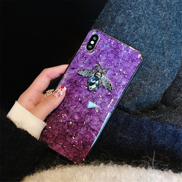 Luxury Glitter Green Diamond Crack Marble Phone Case For iphone 8 7 Plus 6 S 6s Bling Bee With Wing Cover for iphone XS MAX XR X