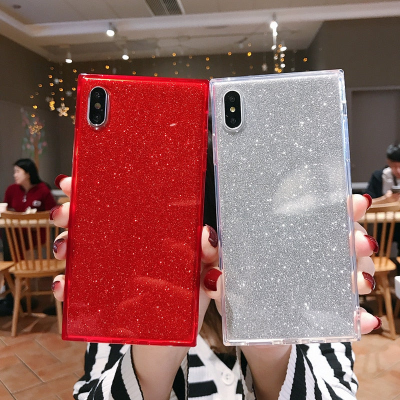 Square Shining Glitter Powder diamond Phone Case For iPhone X XR XS Max 8 7 Plus 6 6SPlus Transparent Soft Shockproof Back Cover