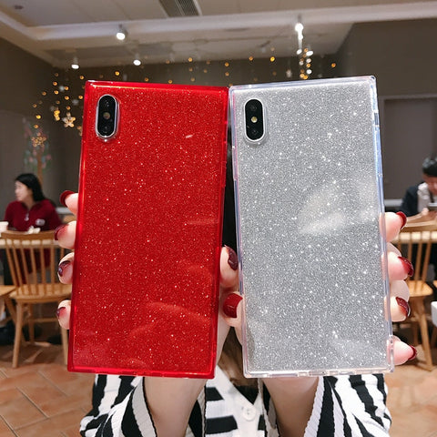 Square Shining Glitter Powder diamond Phone Case For iPhone X XR XS Max 8 7 Plus 6 6SPlus Transparent Soft Shockproof Back Cover